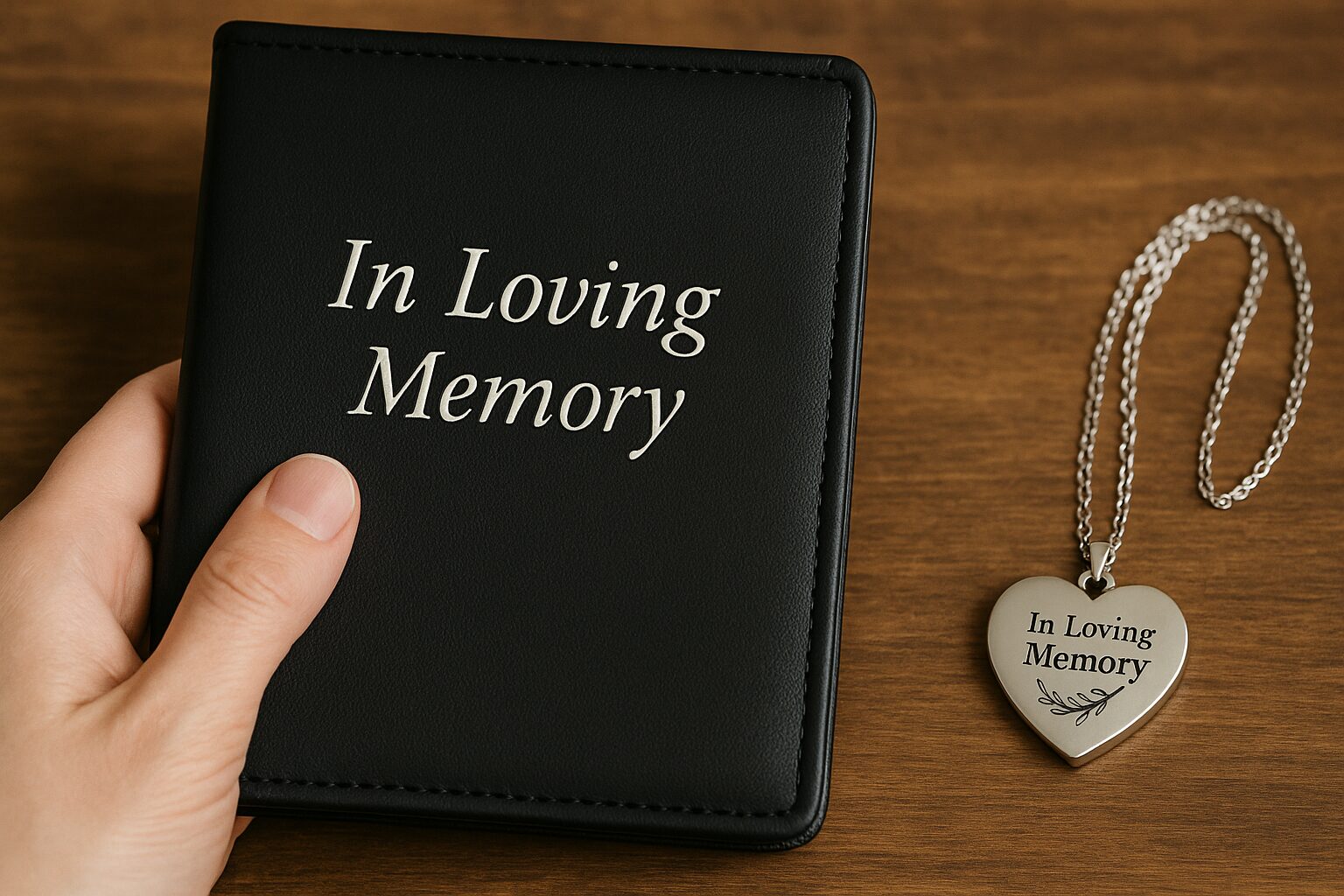 Hand holding memorial book and silver pendant