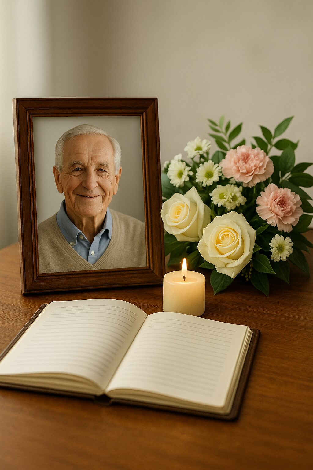Framed portrait, candle, flowers, and memory book on table