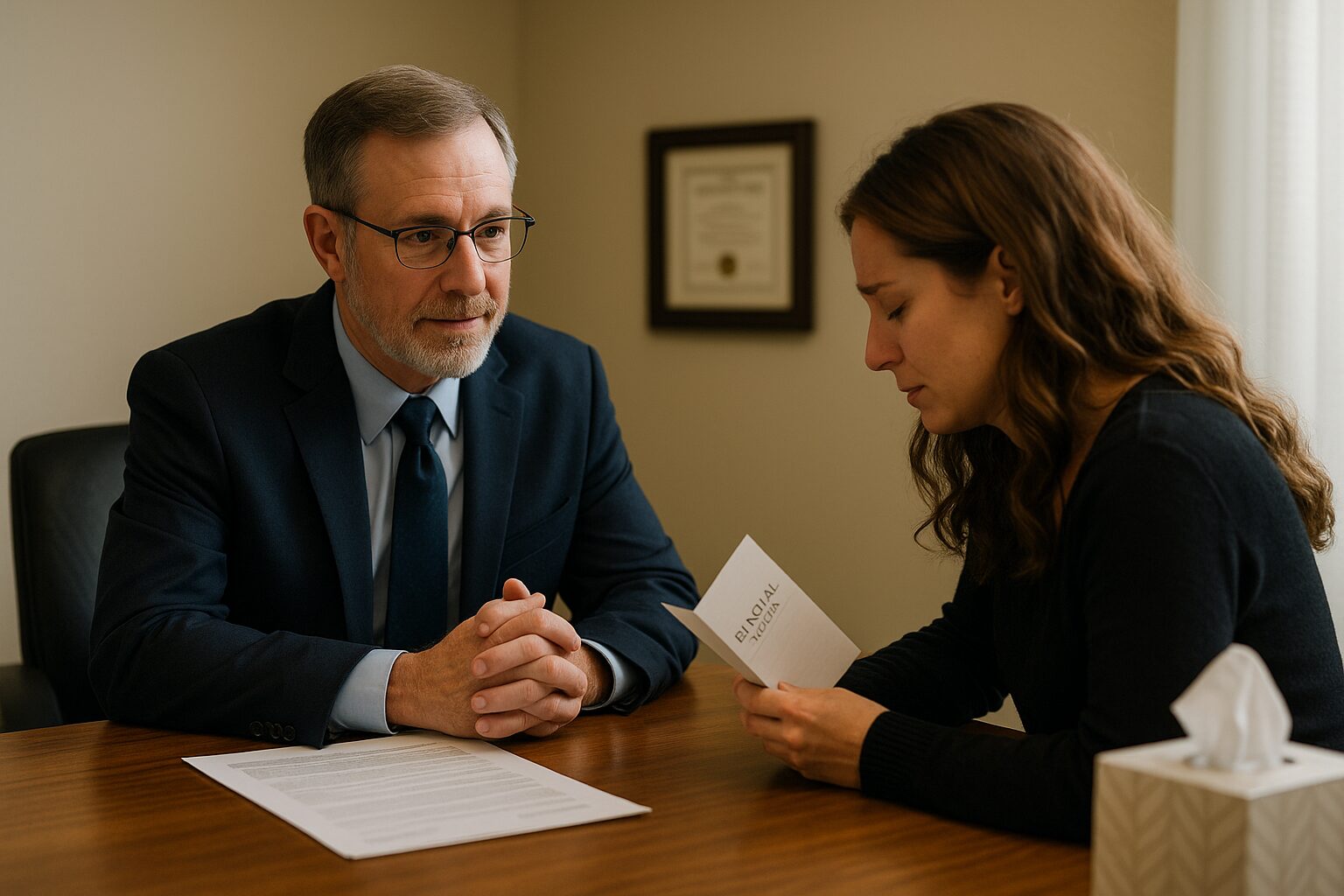 Funeral director speaking gently with a grieving woman across a desk