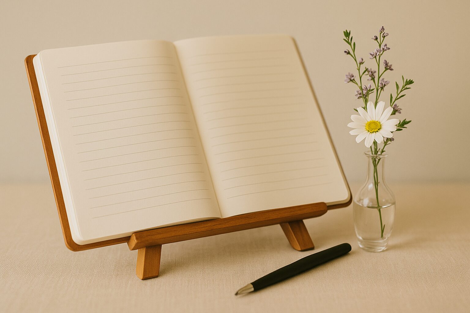 Open guestbook with pen and wildflowers on a wooden stand