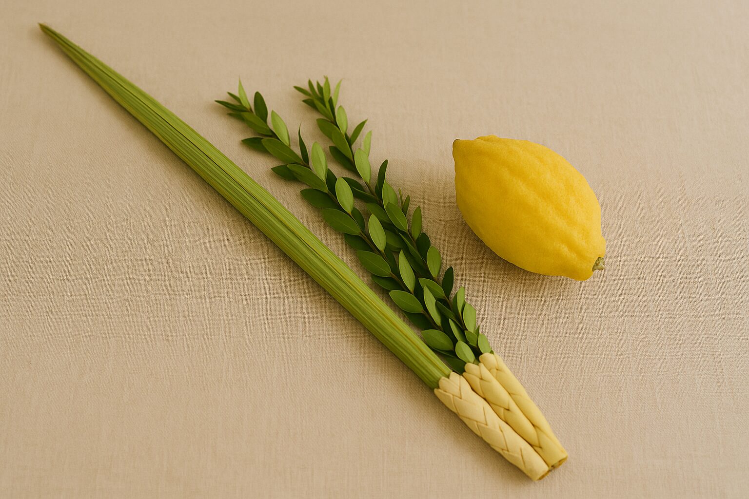 Lulav and etrog on neutral linen in morning light