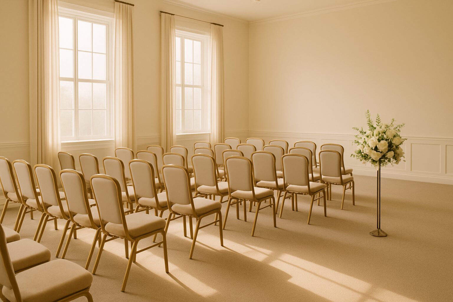 Sunlit chapel with simple floral arrangement at aisle front