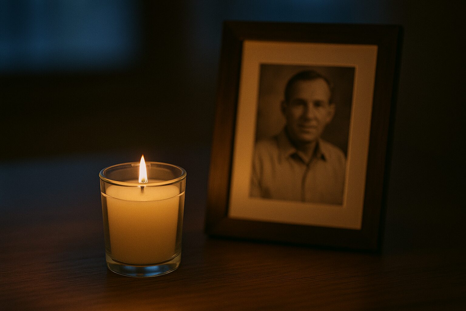 Memorial candle and framed photo on a wooden table at dusk