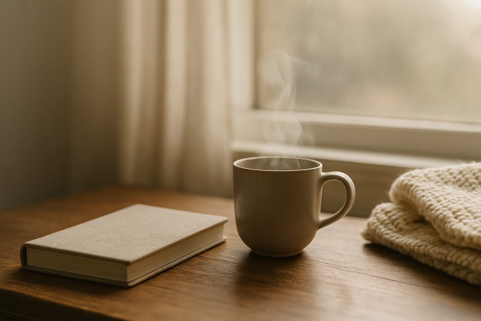 Closed journal with a mug of tea and a folded knit throw.