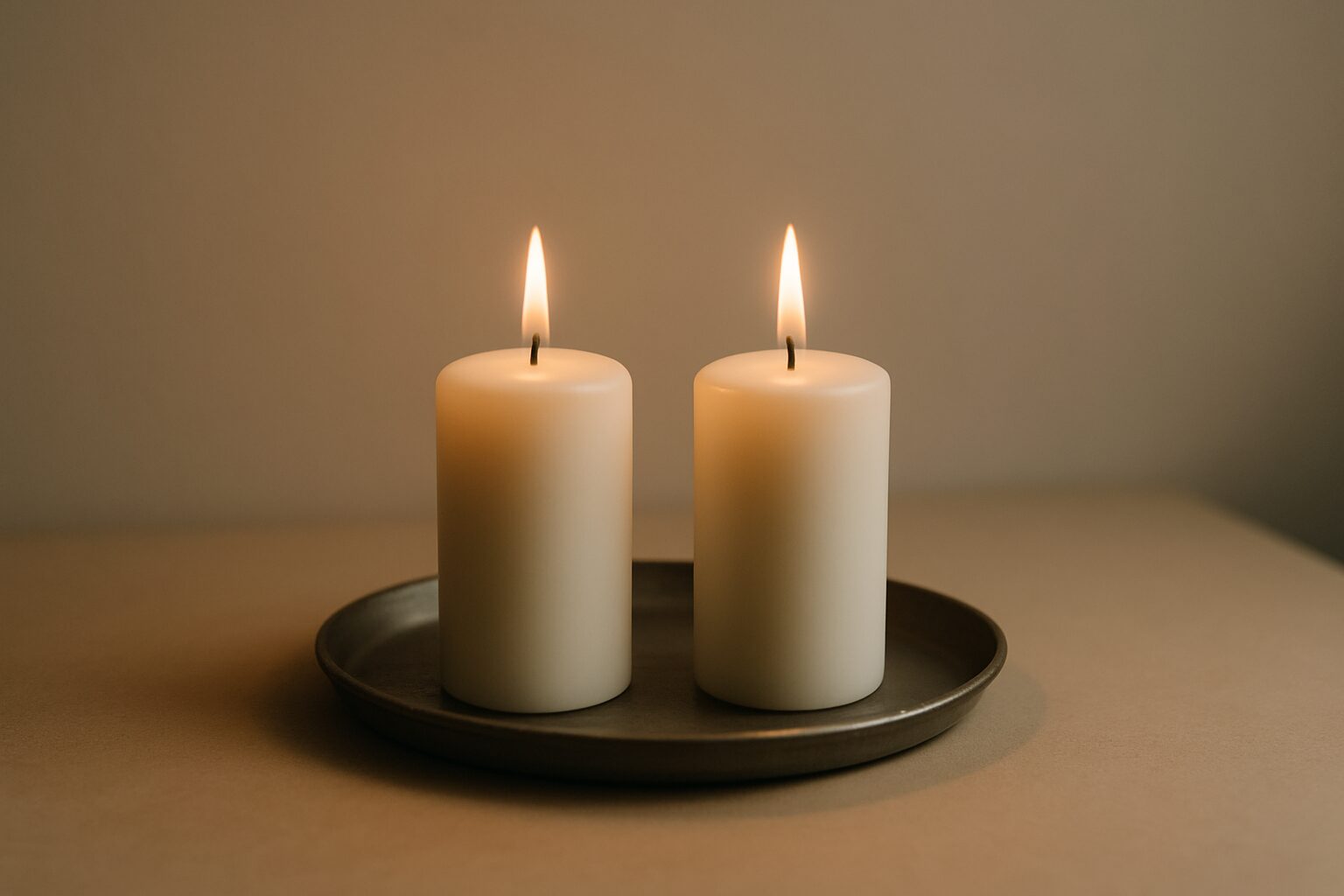 Two Shabbat candles lit on a simple tray with soft evening light.
