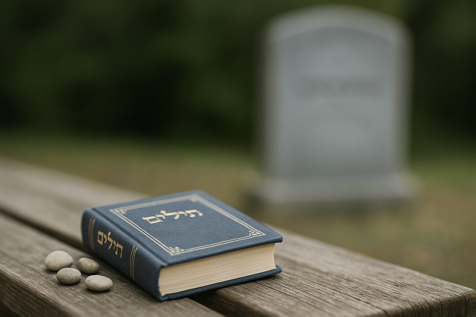 Prayer book and small stones resting on a wooden bench near a headstone.