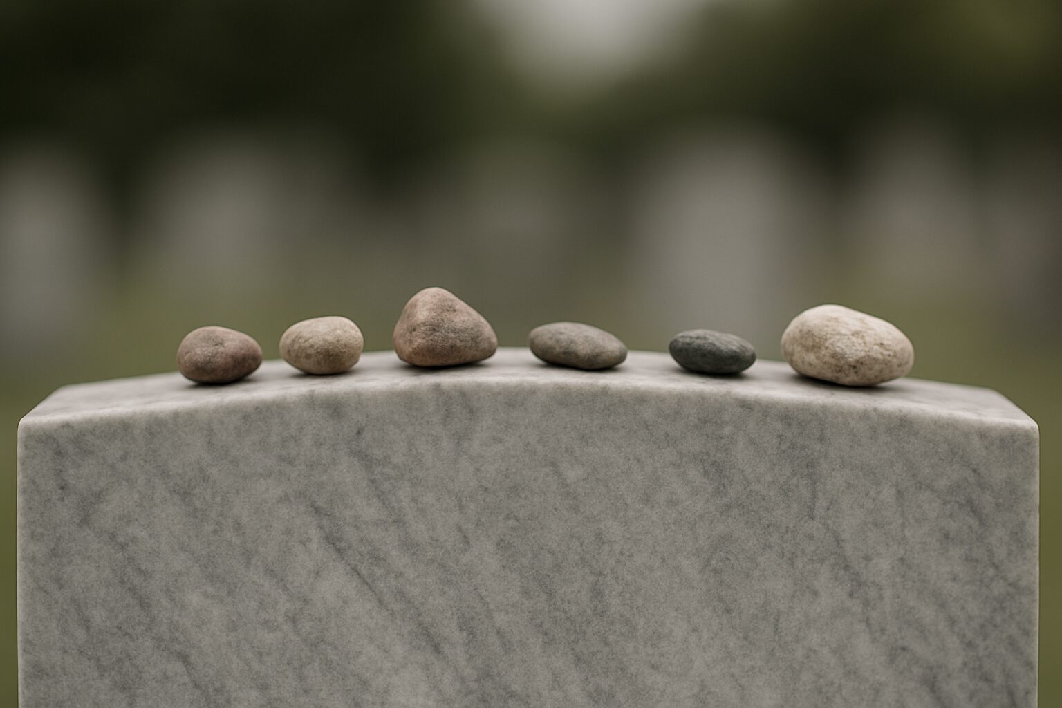 Close view of a marble headstone with a few small stones placed on top.