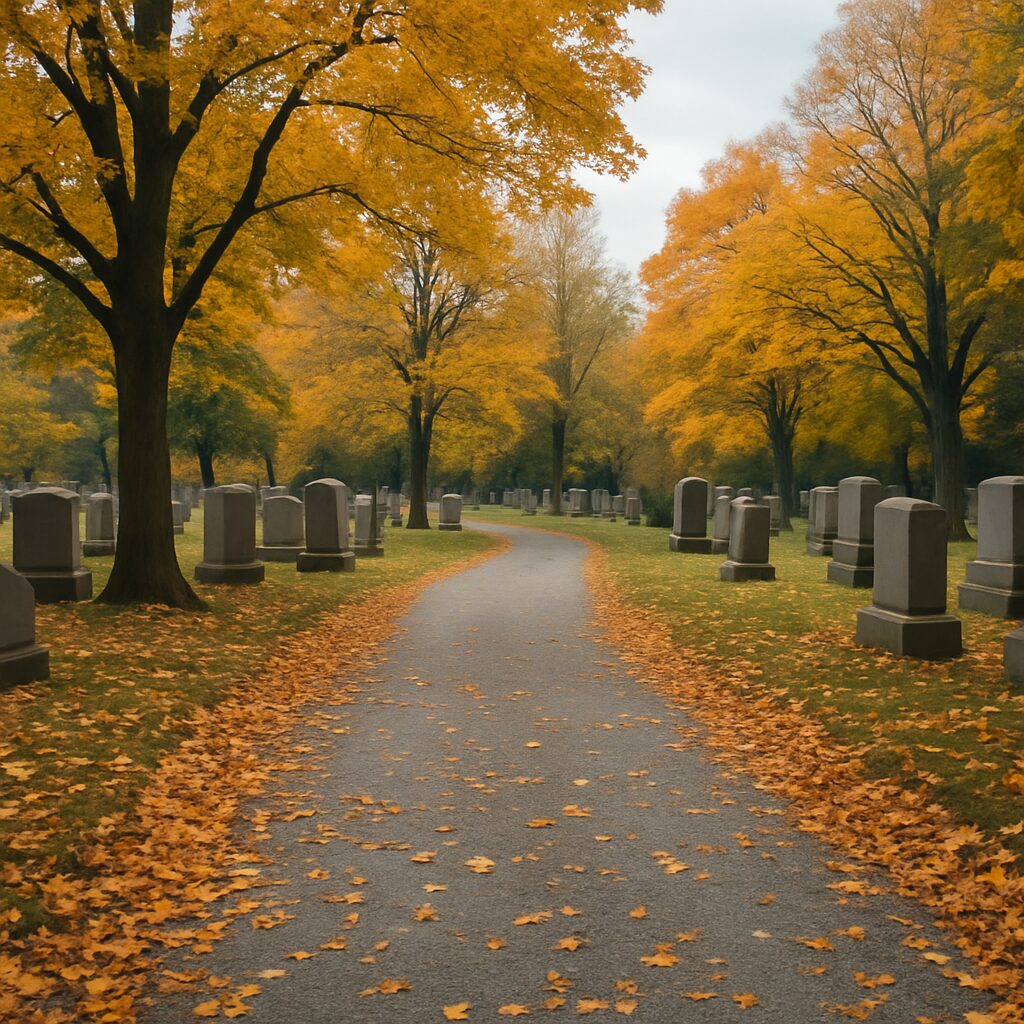 Peaceful autumn cemetery pathway with yellow and orange leaves, gently overcast sky, no people.