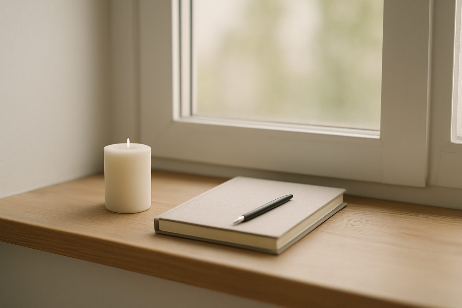 Morning light on a window sill with a small candle and notebook.