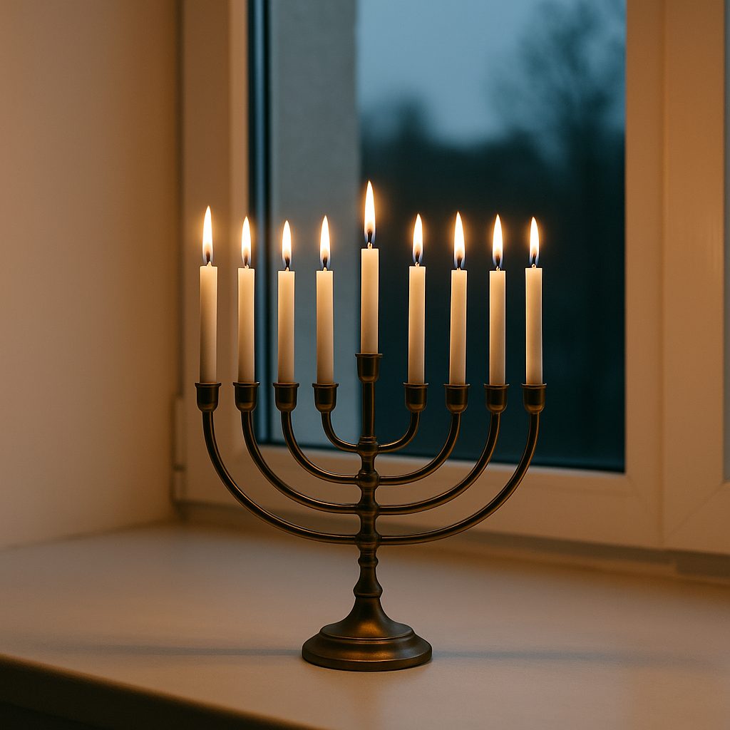 Menorah on a windowsill with soft evening light, no people.