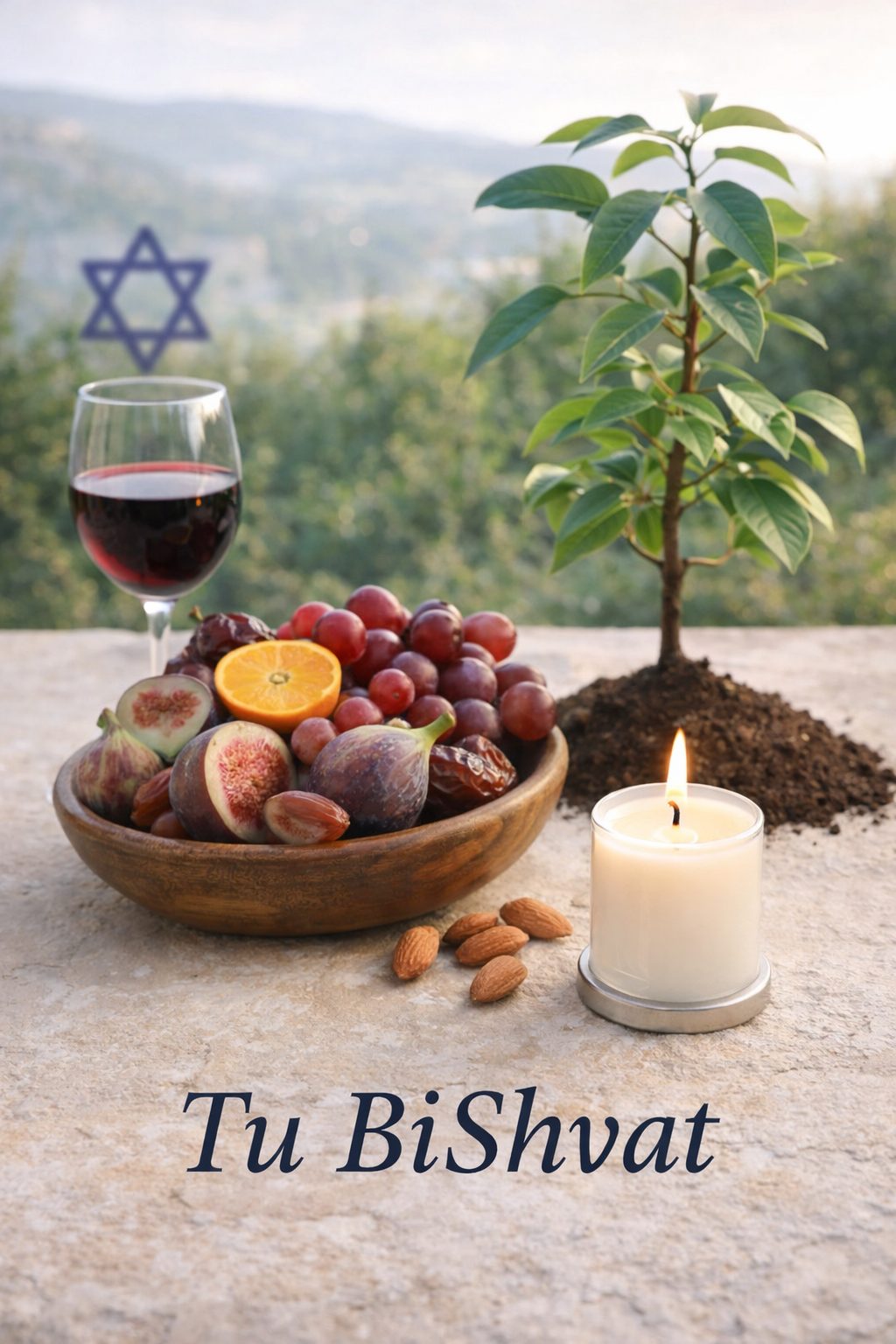 Tu BiShvat holiday table with fruits, candle, and tree symbolizing remembrance and renewal