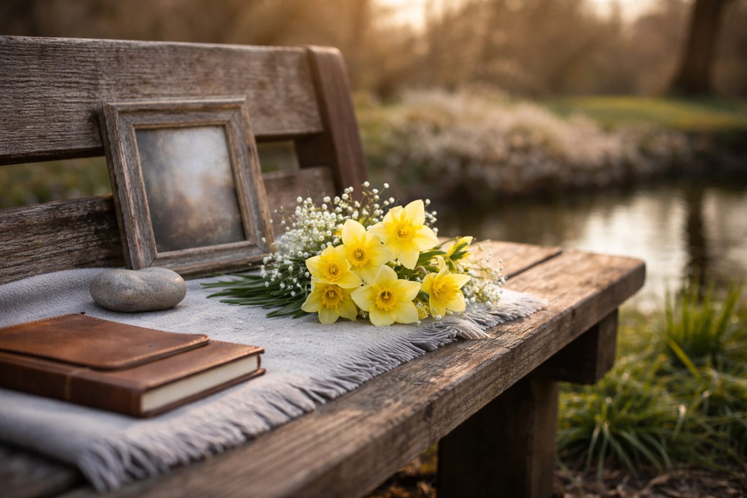 A quiet memorial bench with flowers, framed photo, and journal in an early spring setting
