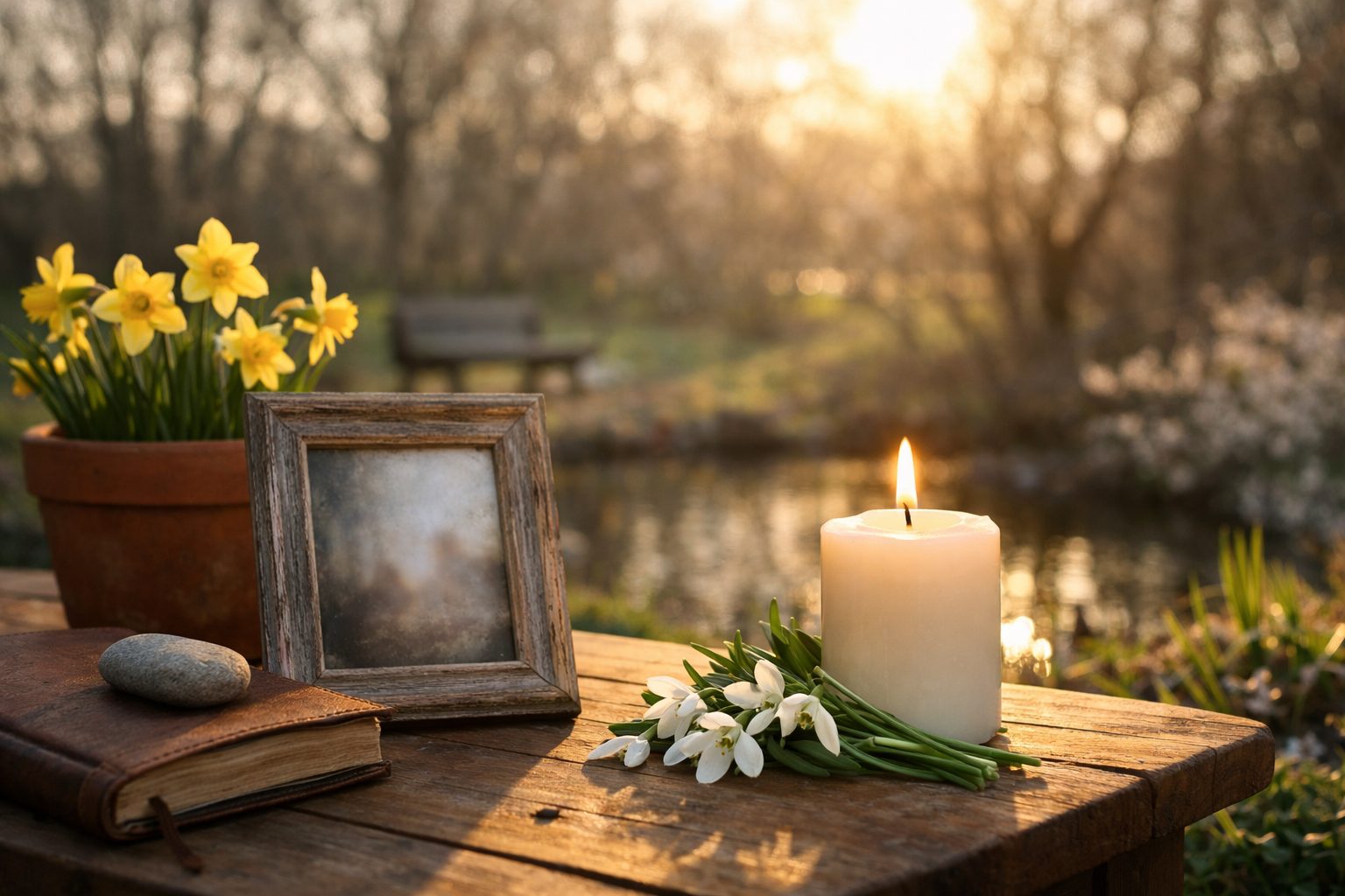 A peaceful spring remembrance scene with flowers, candle, and framed photo