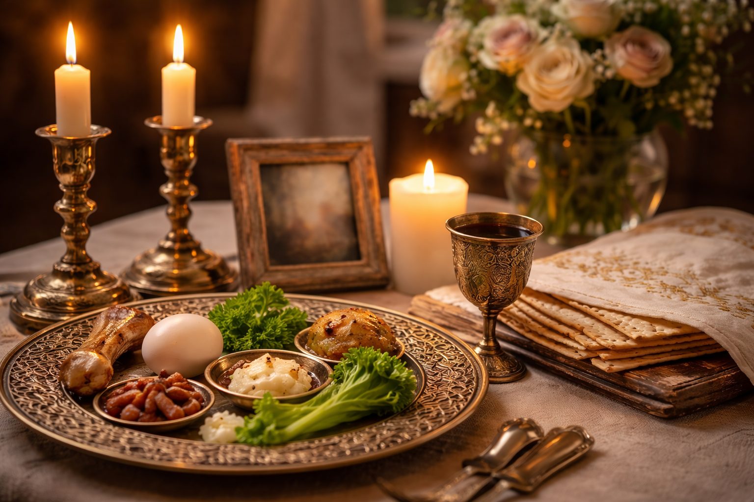 A warm Passover table with candles, matzo, and traditional seder elements