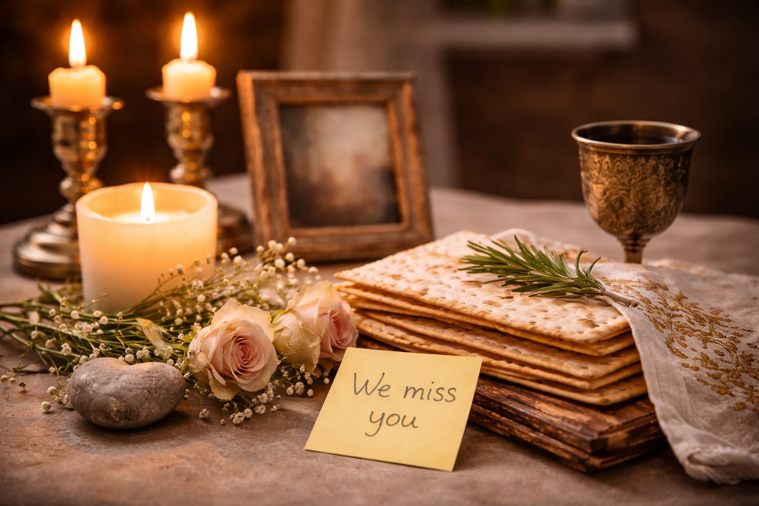 A quiet memorial-inspired Passover setting with matzo, candlelight, and a remembrance note
