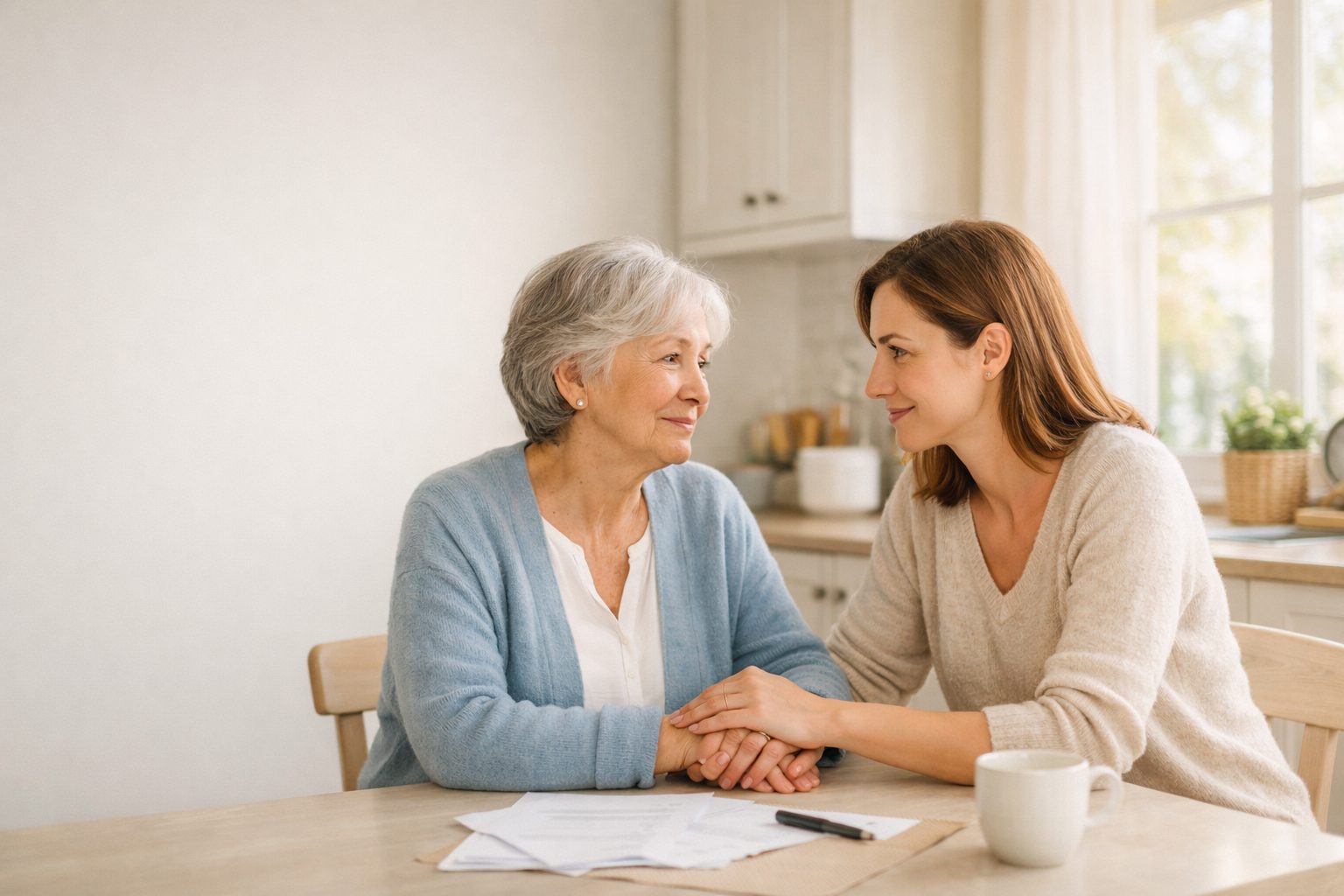 Adult daughter and elderly mother having a calm conversation at a kitchen table