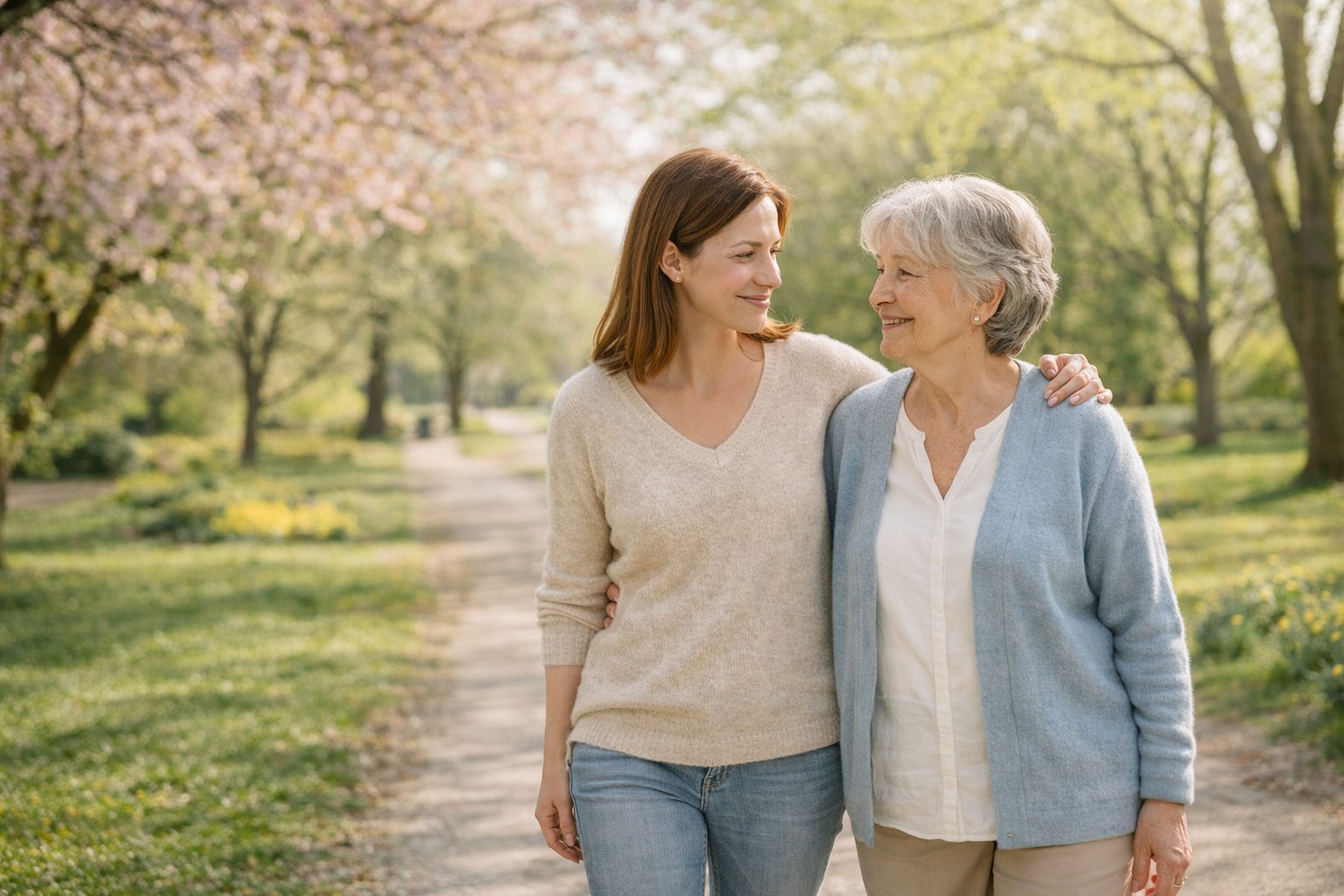 Adult daughter and elderly mother having a calm conversation at a kitchen table