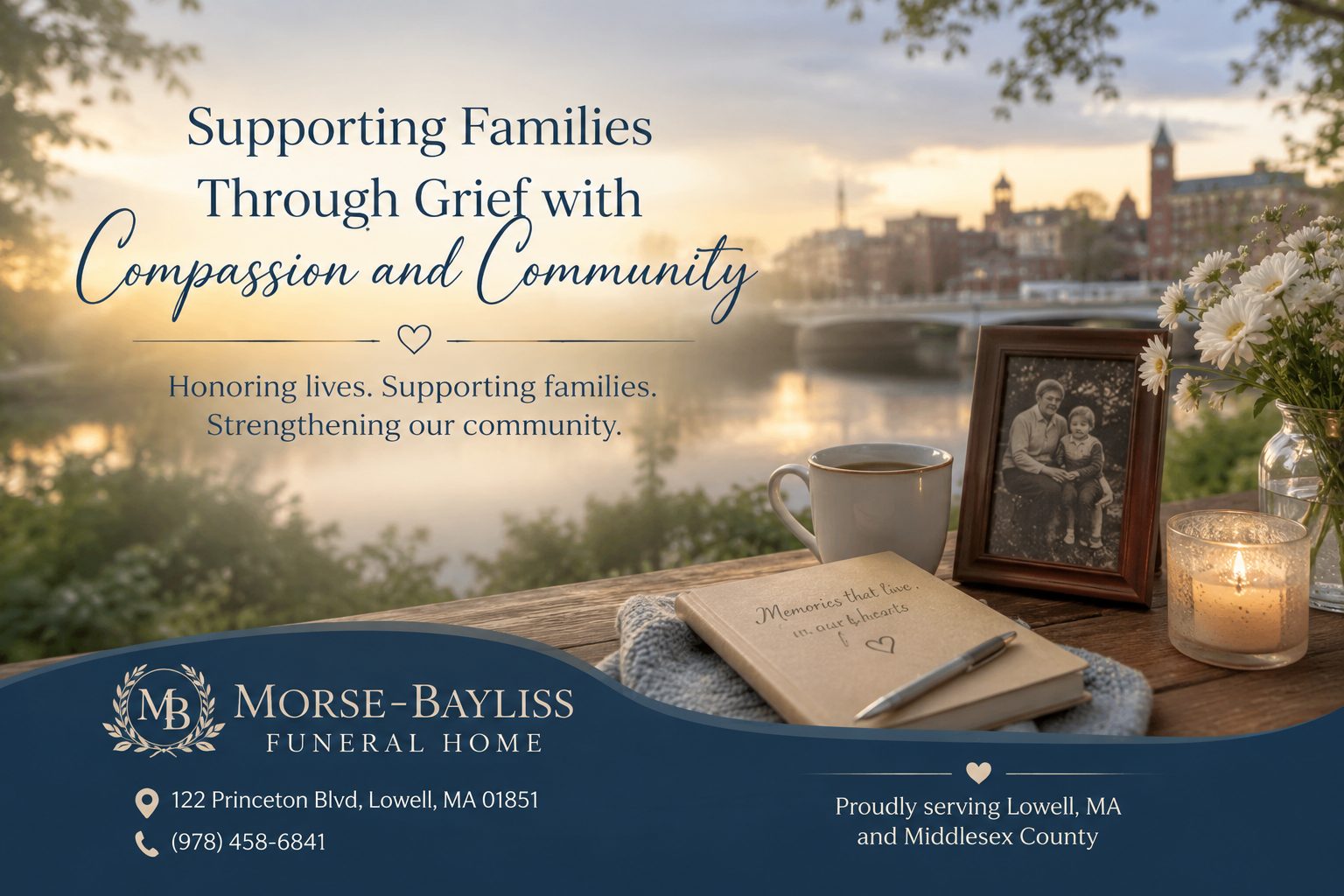 A peaceful memorial setting representing support, remembrance, and compassionate care